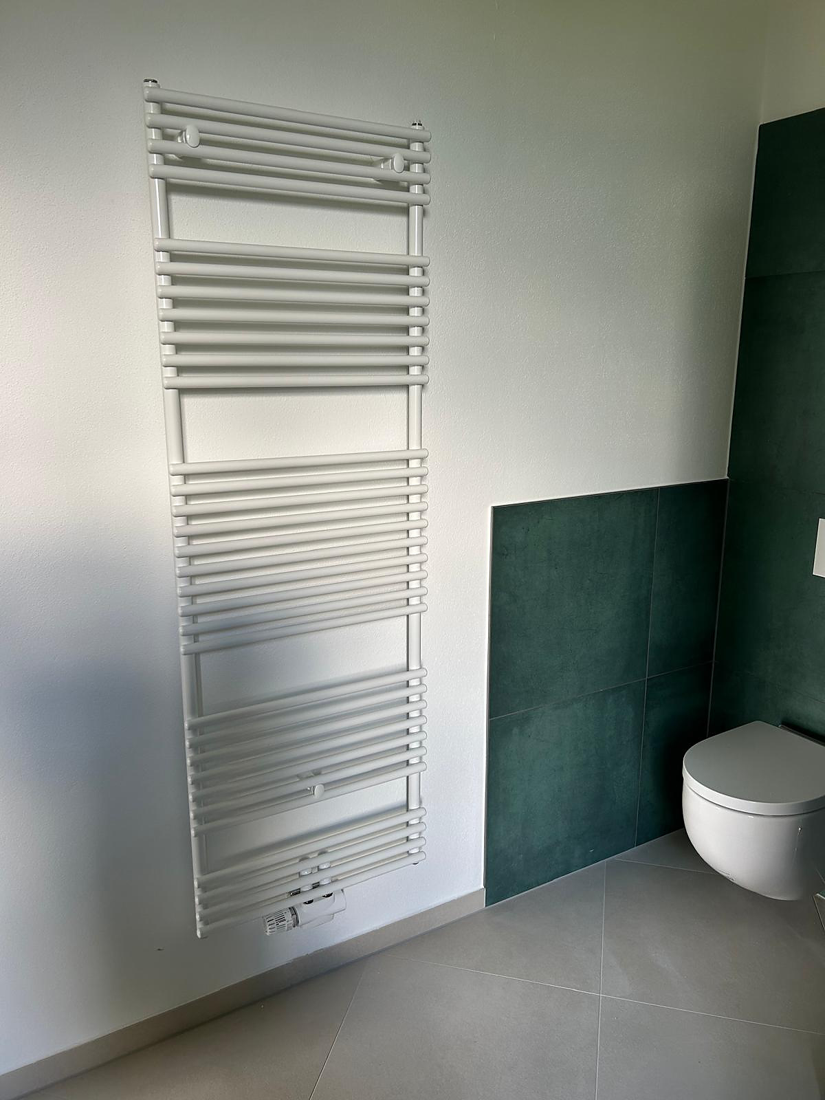Weißer Handtuchheizkörper neben wandhängendem WC
